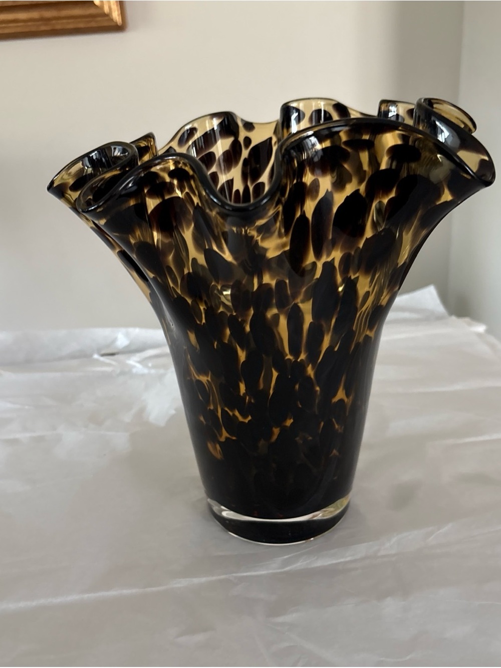 Italian Art Glass Vase Black  Leopard Spots Design wave top 9”High